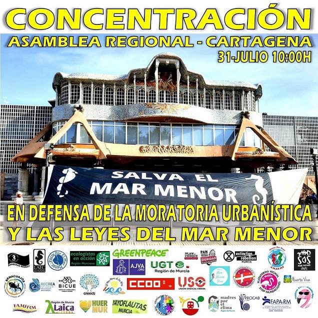 Multitud de colectivos convocan concentración mañana en la Asamblea Regional para que se prorrogue la moratoria urbanística del Mar Menor