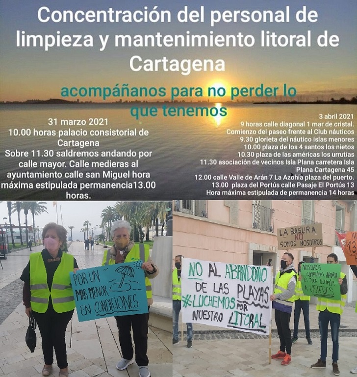 Personal de limpieza del litoral del Mar Menor, se han manifestado hoy y lo harán el 3 abril, para denunciar su situación precaria