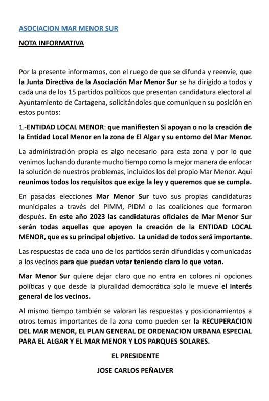 Instan a los partidos que se presentan en Cartagena a que se posicionen si apoyan o no la Entidad Local Menor para El Algar y Mar Menor