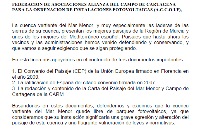 La Federación ACCOIF presenta escrito en el Ayuntamiento de Cartagena para la protección del Mar Menor contra parques fotovoltaicos