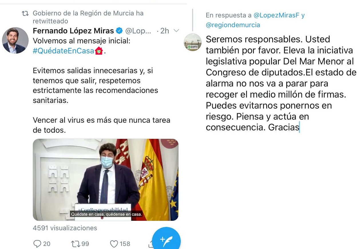 López Miras obliga a recoger 500.000 firmas porque se niega a llevar al Congreso la ILP del Mar Menor y al mismo tiempo pide que no se salga