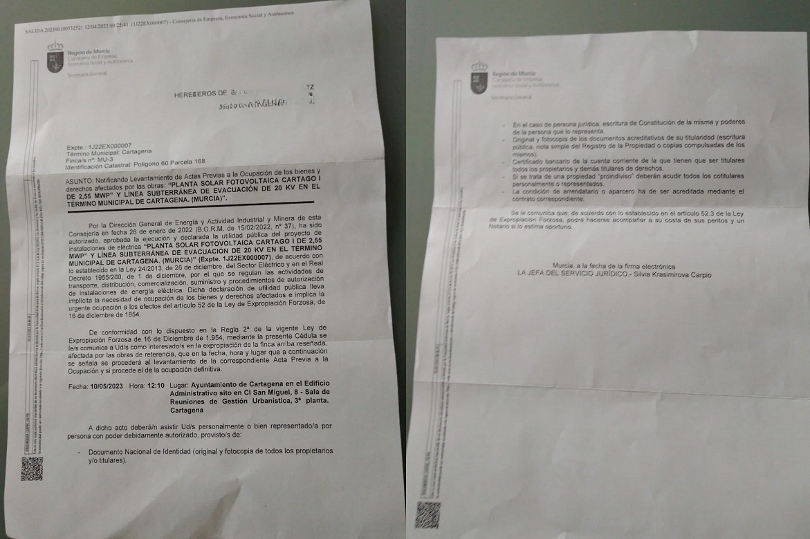 Vecino indignado recibe carta del Ayuntamiento de Cartagena que le expropia forzosamente para empresa fotovoltaica, Cartago Solarbay, S.L.