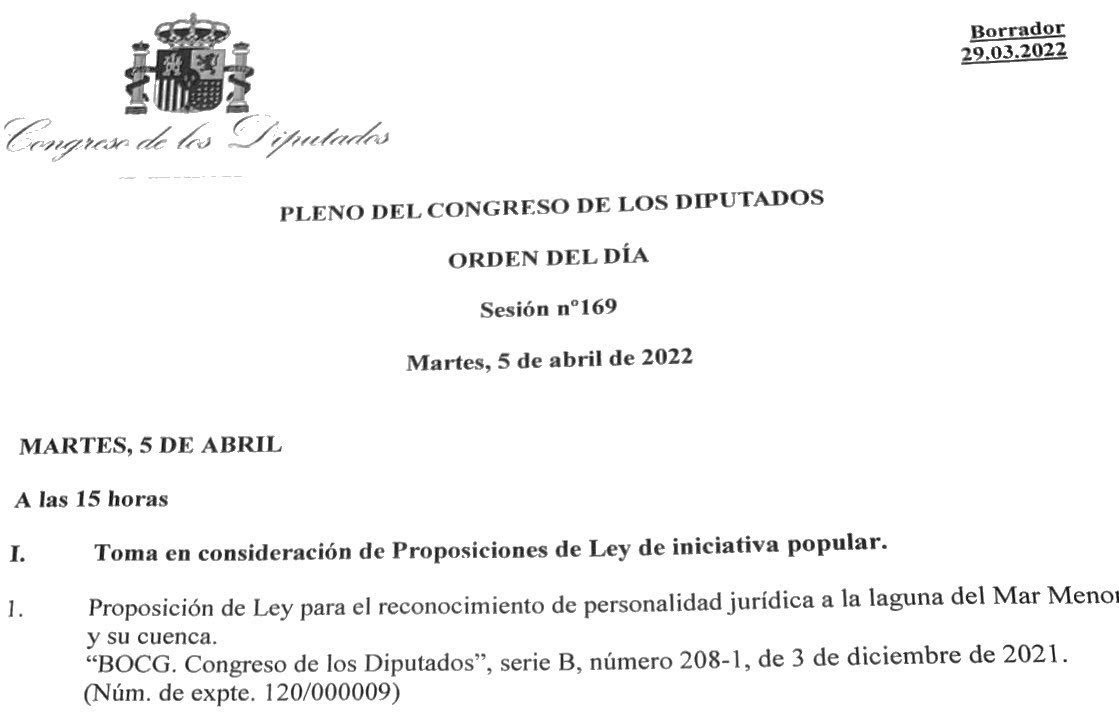 El Mar Menor a debate el 5 abril en el Congreso, si consigue la personalidad jurídica podrá defenderse de las agresiones contínuas