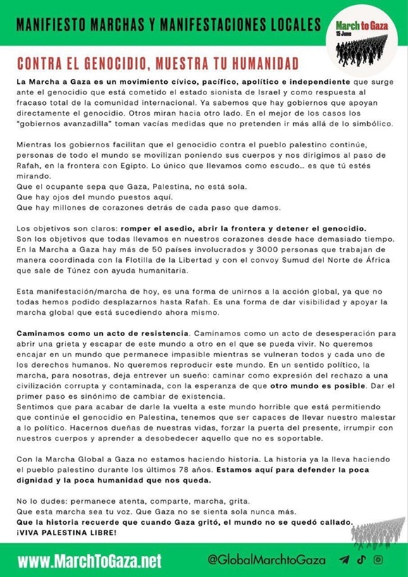 Marcha Global pacífica a Gaza, con el objetivo de romper el asedio, abrir la frontera y detener el genocidio