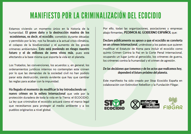 LANZAN UN MANIFIESTO PARA ADHERIRSE HASTA EL 2 JUNIO, PARA PEDIR AL GOBIERNO LA CRIMINALIZACIÓN DEL ECOCIDIO