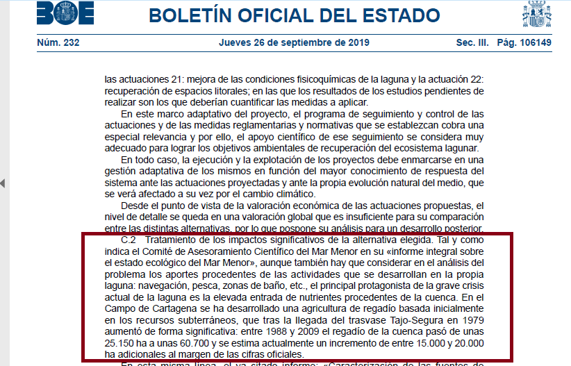 La causa principal de la situación del Mar Menor es la agroindustria, quien lo niegue sus intereses tendrá