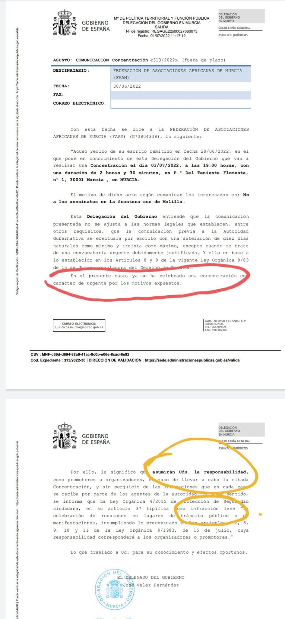 Delegación de Gobierno desconvoca manifestación en Murcia, por los asesinatos de Melilla, porque "ya había habido otra antes"