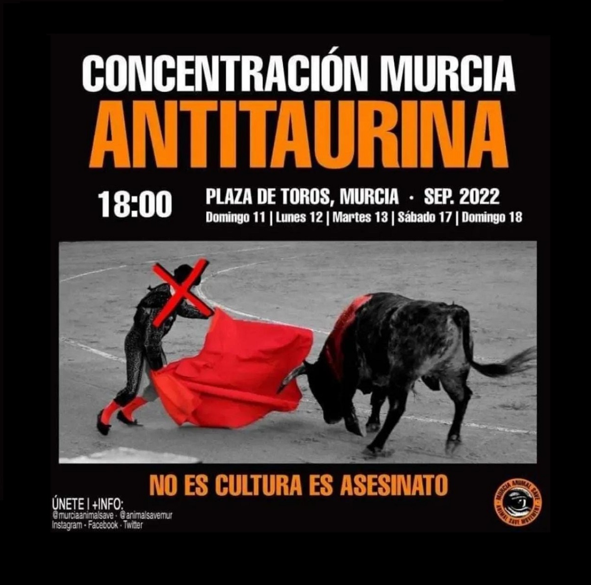 En la Plaza de Toros de Murcia, mañana 11-S concentración, para que Murcia sea ANTITAURINA, porque la tortura no es cultura