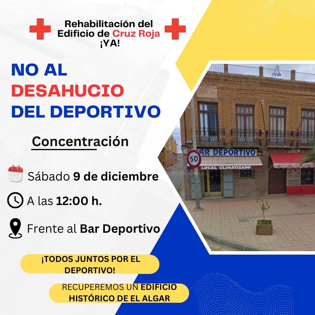 Concentración mañana en El Algar para que Cruz Roja no desahucie al Bar Deportivo ni intente vender un edificio que pertenece al pueblo